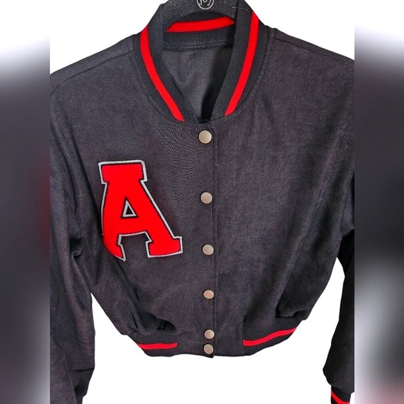 Shein Varsity Jacket Black Letterman Cropped Red Trim Snap Front - Picture 1 of 9